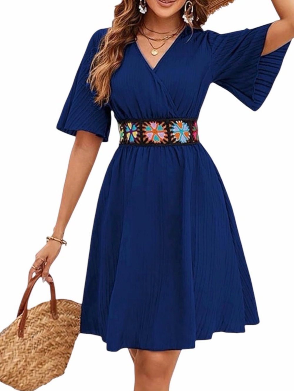 TDiooCor Bohemian Navy Embroidered Waist V-Neck Flowy Puff Sleeve Midi Dress MED